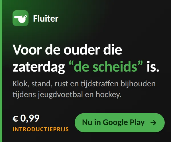 Fluiter: voor de ouder die zaterdag de scheids is. Klok, stand, rust en tijdstraffen bijhouden. € 0,99 introductieprijs, nu in Google Play.